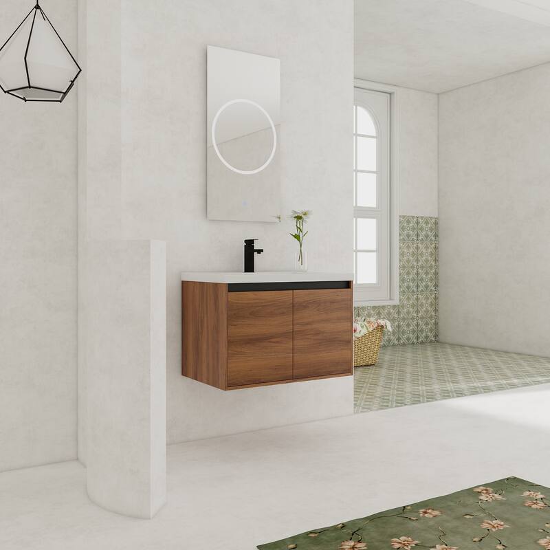 GDFStudio - Levistar Modern Wall-Mounted Bathroom Vanity Set with Scratch-Resistant Resin Sink & Soft Close Doors