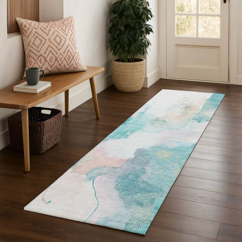 Premium Washable Super Soft Abstract Contemporary Mayfield Rug - Turquoise - 2'3" x 7'6"