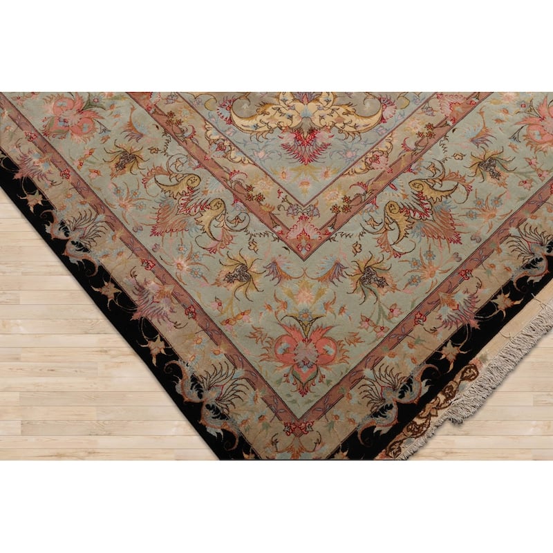 Hand Knotted Tabriz Black Persian Wool & Silk Traditional Area Rug - 11' 6'' x 16' 10''