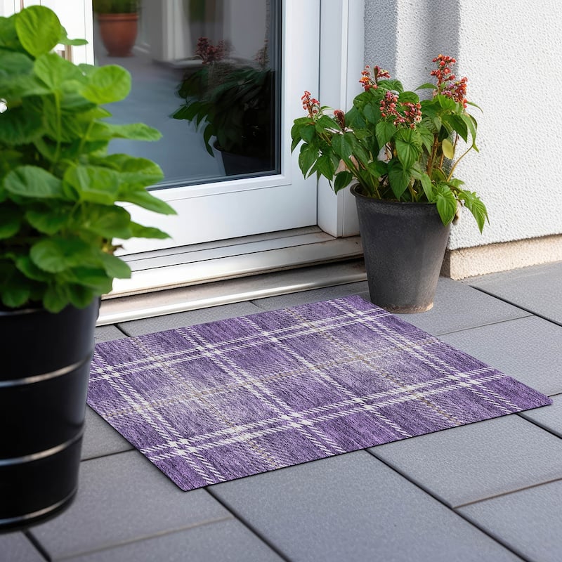 Machine Washable Indoor/ Outdoor Chantille Plaid Cozy Rug - Purple - 1'8" x 2'6"