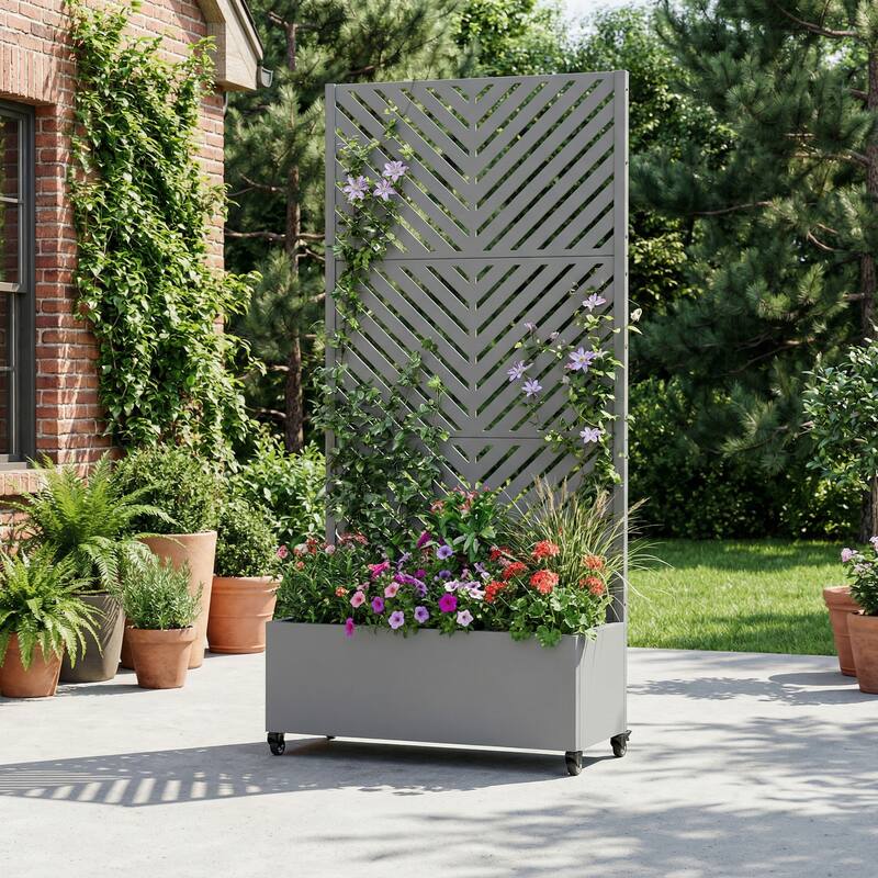 Raised Garden Bed Planter with Trellis Movable Planter Box with Lockable Wheels - 72*35 - Grey