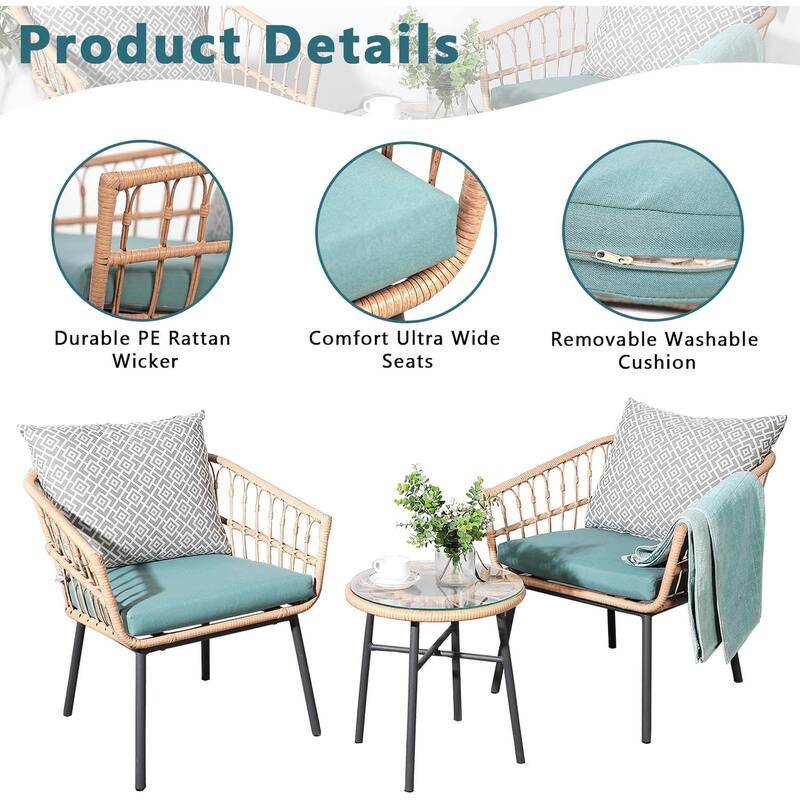 3 Piece Patio Furniture Outdoor Conversation Bistro Set with Tempered Coffee Table and Wicker Chairs for Garden Balcony Backyard