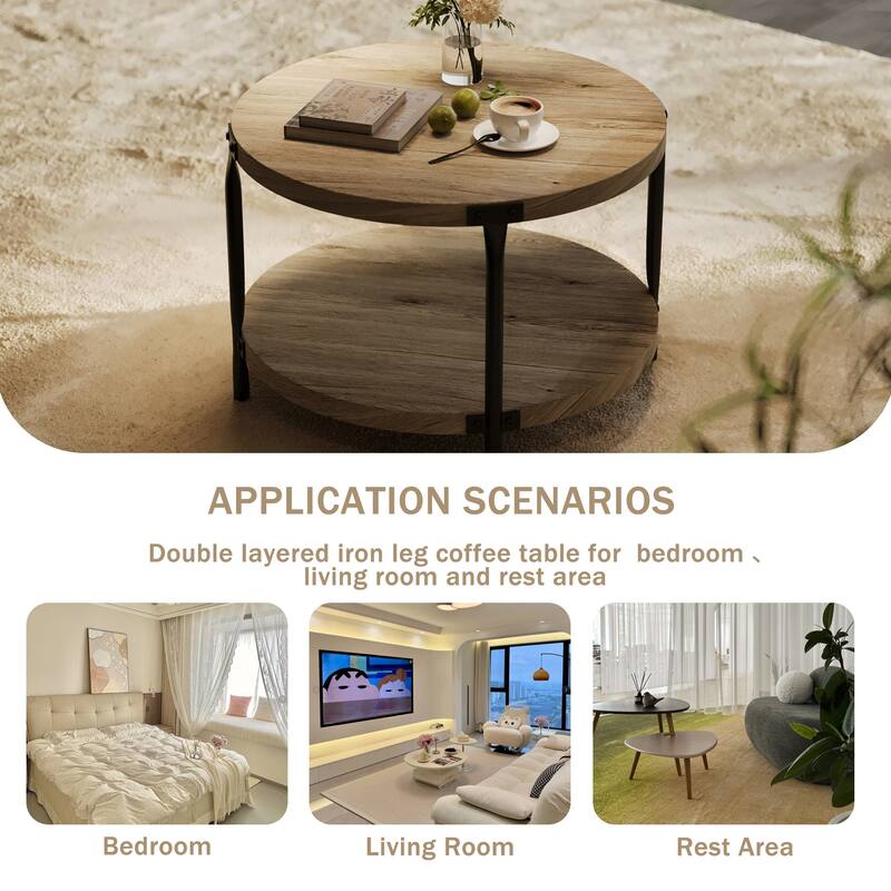 Modern Minimalist Style Round Bohemian Coffee Table Wooden 2 Layer Coffee Table with Large Storage Space, for Living Room