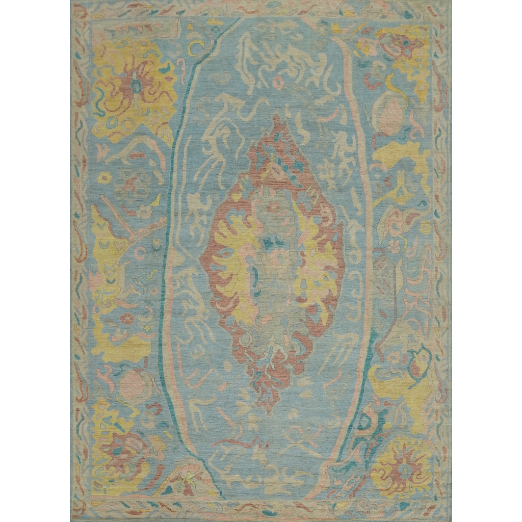 Handmade Blue Oushak Vegetable Dye Large Rug, Floral Medallion Carpet - 14' 6'' X 12' 2''