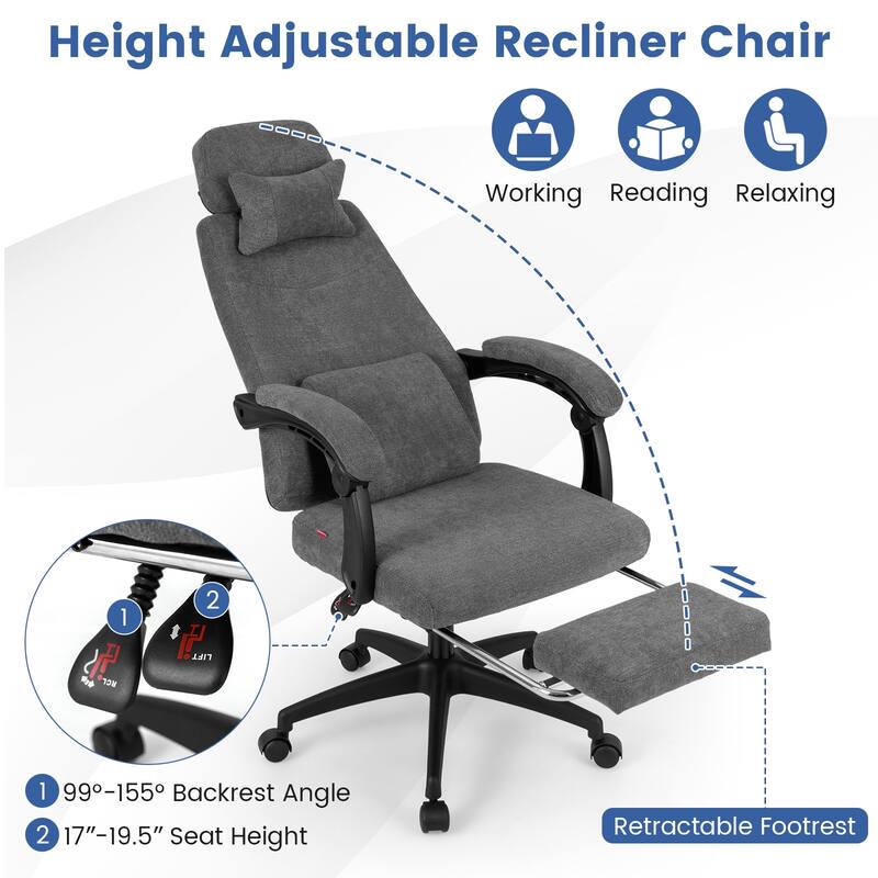 Gymax Reclining Home Office Chair Retractable Footrest High-Back