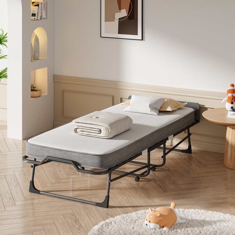 Mixoy Wood Slats Frame Foldable Bed with Mattress - Bed Bath