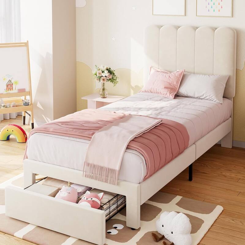 Twin Bed Frame with Storage Drawer and Headboard - Beige