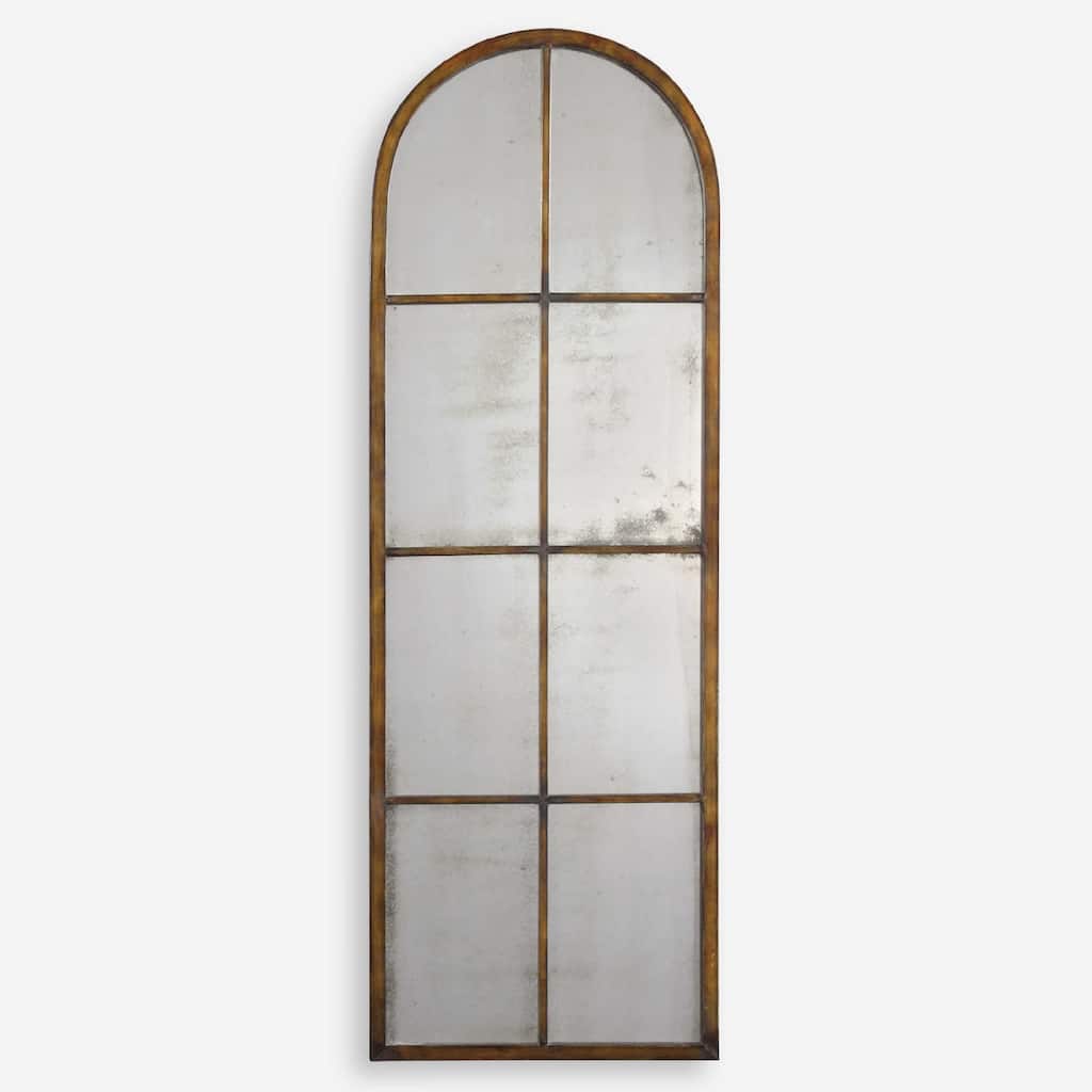 4' Maple Brown Gold Window Shaped Metal Framed Arch Wall Mirror
