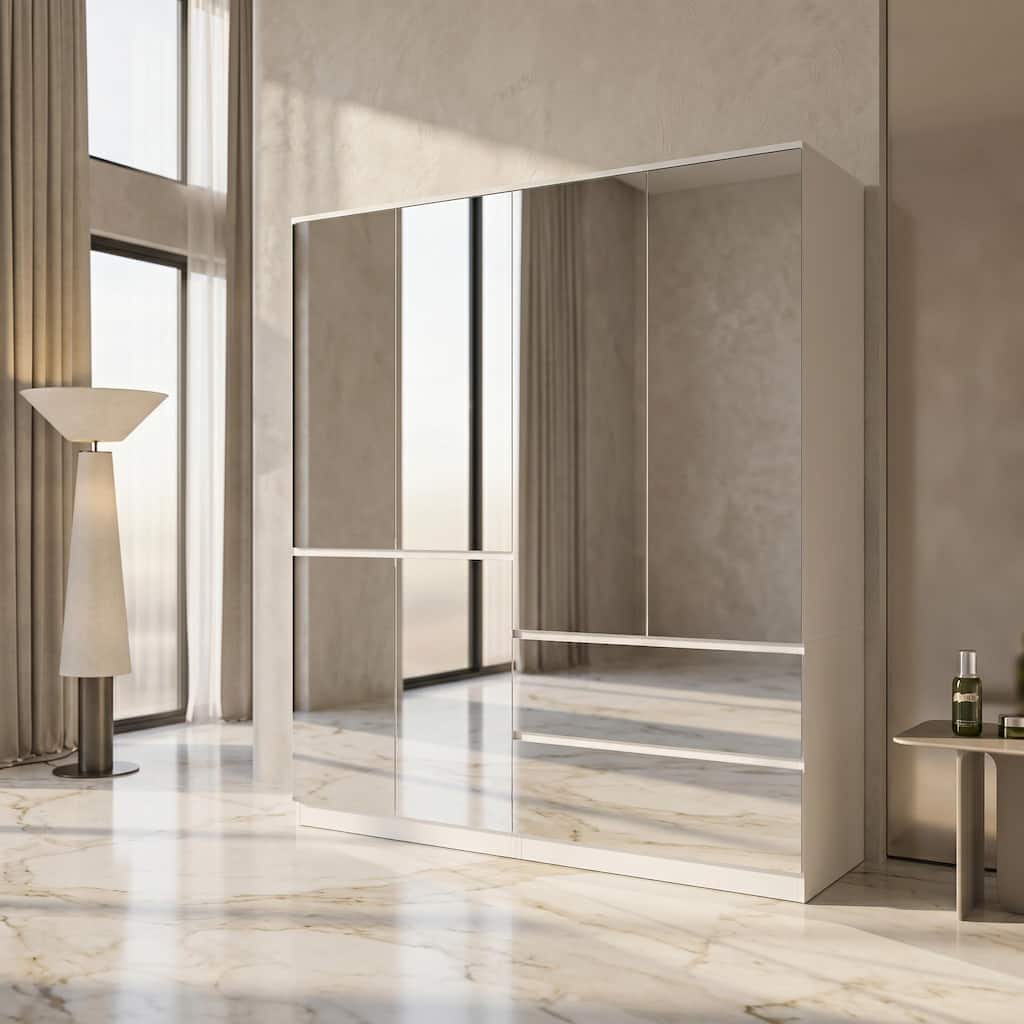 Armoire Wardrobe Closet with Mirrors, Heavy Duty Bedroom Storage Cabinet with Clothes Rack