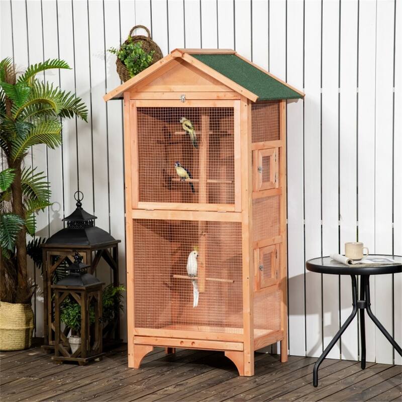 Outdoor Wooden Bird Aviary with Large Access Door Weather-Resistant Fir & Metal Wire, Removable Tray - Natural