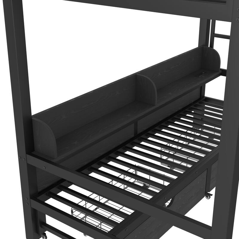 Multifunctional Twin XL over Twin XL Bunk Bed with USB Ports, LED Lights, Shelves and Drawers, Lower Bed Converted into Sofa