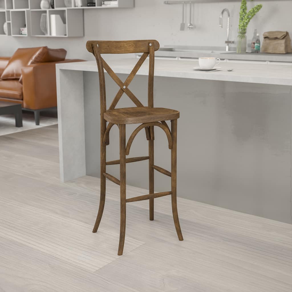 350lb. Rated Dark Antique Wood Cross Back Stackable Barstool - 13.75"D x 13" - 17.5"W x 43"H