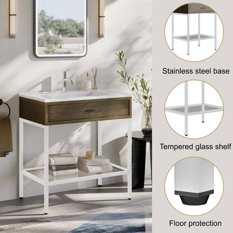 Ansel Freestanding Bathroom Vanity with Single Sink, One Glass Shelf, Metal Legs