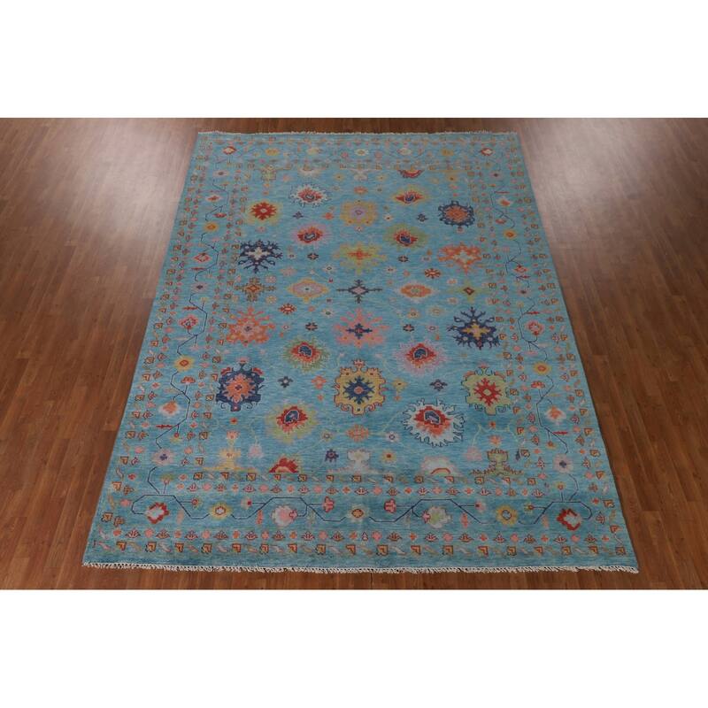 All-Over Blue Oushak Oriental Area Rug Hand-Knotted Wool Carpet - 9'0" x 11'11"