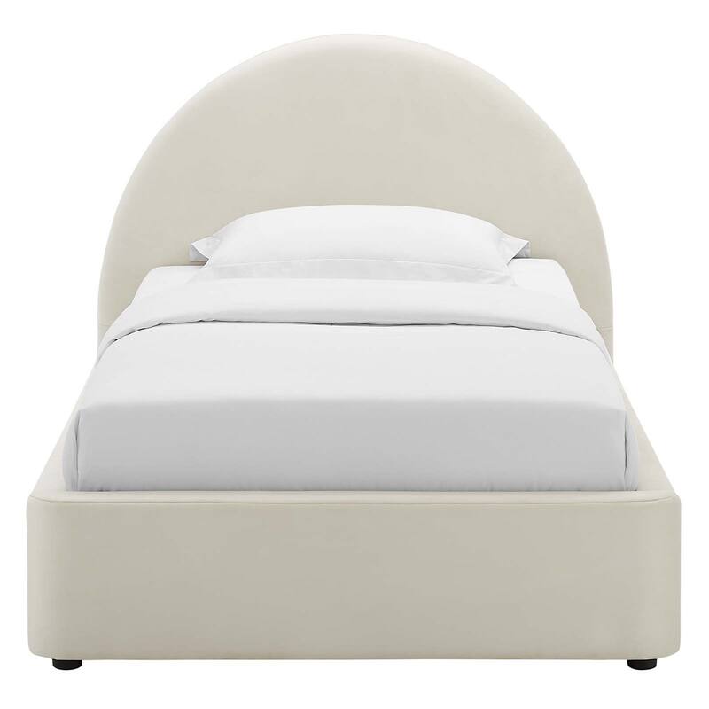 Palmetto Modern Round Headboard Off-white Velvet Upholstered Twin Size Platform Bed