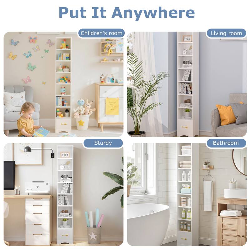 Javlergo Tall 7-Tier Adjustable Corner Bookcase with Drawer MDF Storage Shelf for Living Room Bedroom Kitchen and Entryway