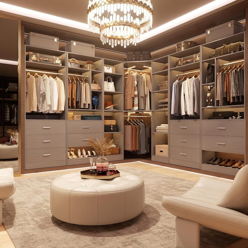 Kyrvo Corner Closet System with 12 Shelves and 2 Hanging Rods, 40"W x 80"H Freestanding Walk-in Closet Organizer System