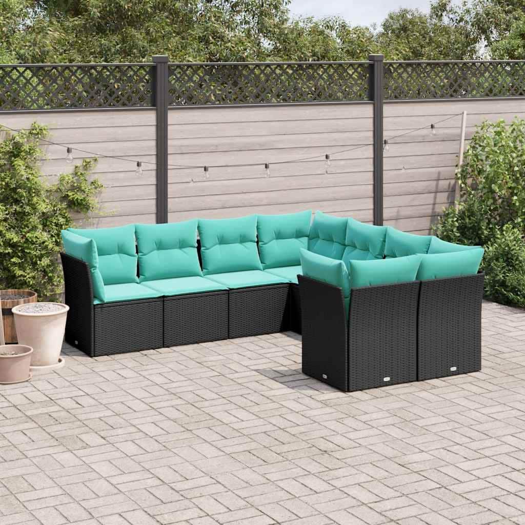 vidaXL 8 Piece Patio Sofa Set with Cushions Black Poly Rattan - 24.4x27.2x24.4