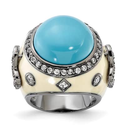 Curata Black Plated 925 Sterling Silver Enamel Simulated Turquoise and Cubic Zirconia Ring