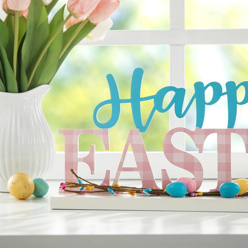 Glitzhome Wooden EASTER HOP Happy Easter with Artificial Rattan Table Sign Decor Centerpiece