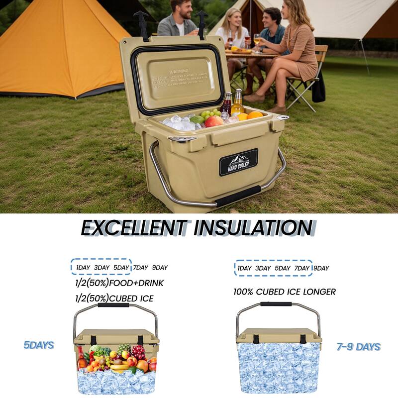 20 Quart Khaki Cooler, Ultra-Tough Hard Shell Ice Chest, Compact Portable Cooler Keeps Ice Up to 5 Days for Outdoor Adventures