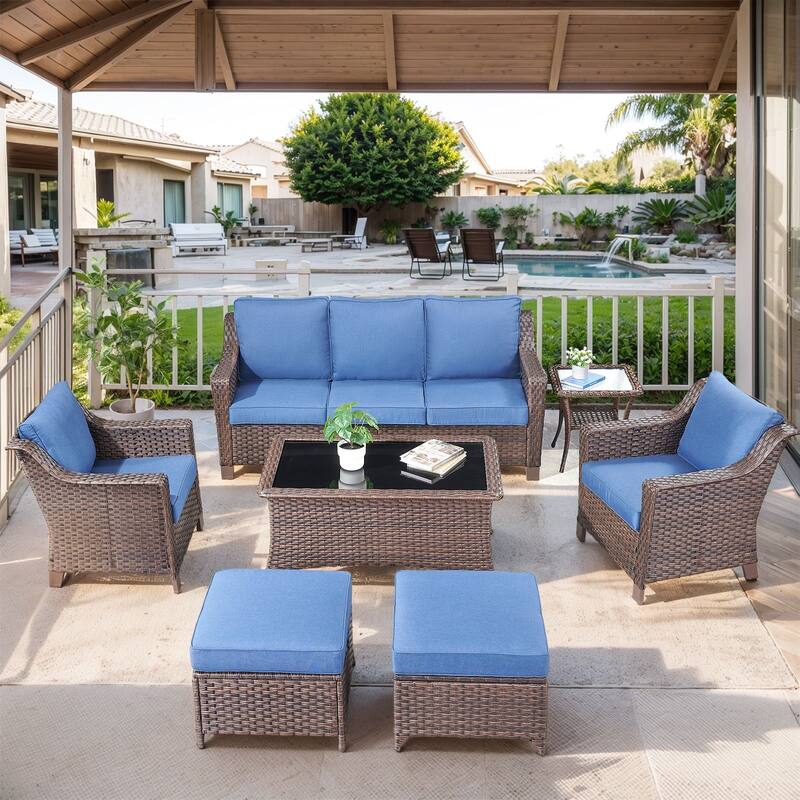 Outside Patio Sofa Chair with Cushions - Brwon Wicker Blue Cushion - 7PCS Sofa Chair Table w/ Ottoman Table
