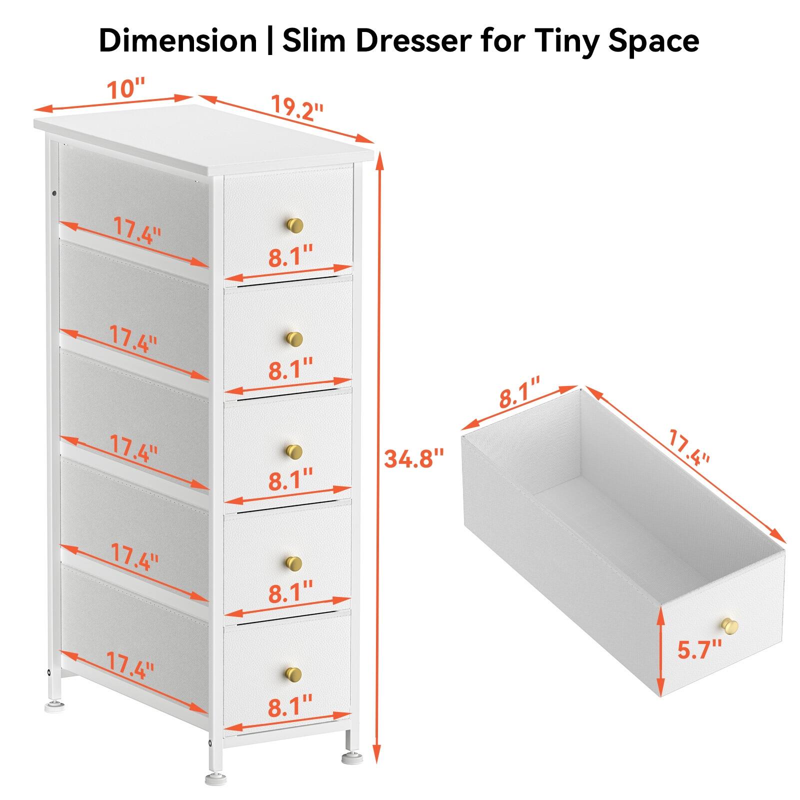 Narrow Dresser Storage Tower with 5 Drawers, Wood Top, Golden Knobs
