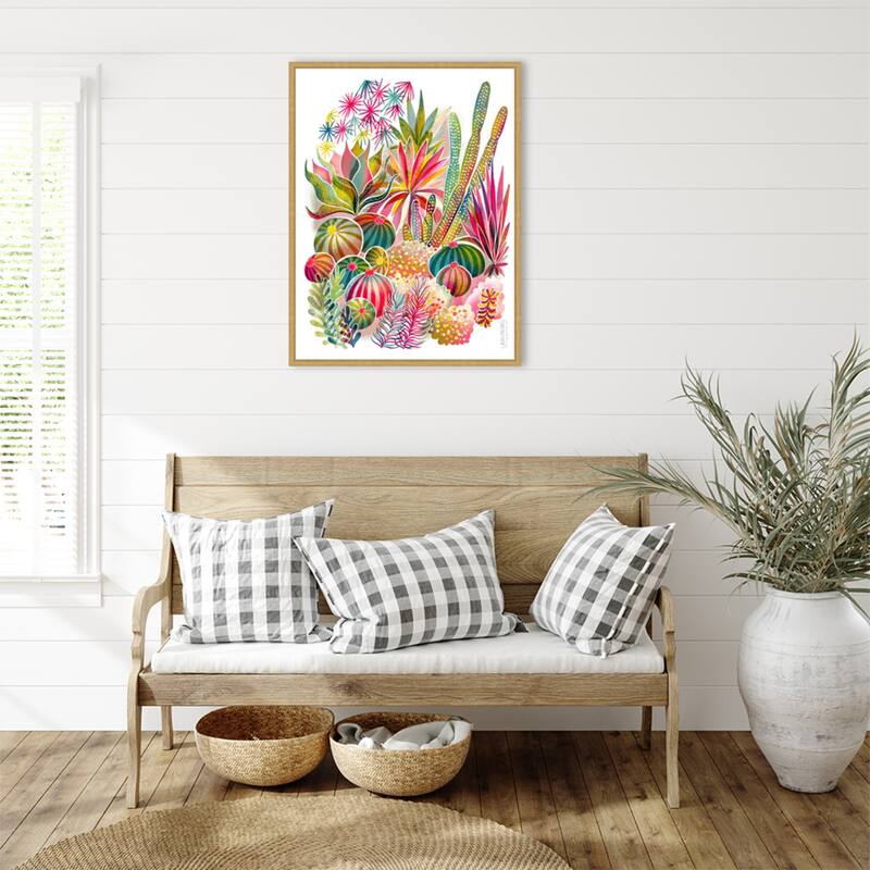 Flowering Succulent and Cacti Garden by Uta Krogmann Framed Canvas Wall Art Print - Sylvie Bright Gold