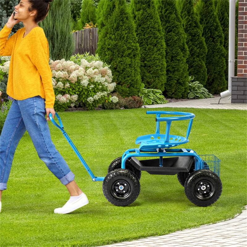 Adjustable Rolling Garden Cart with 360-Degree Swivel Seat Heavy-Duty Metal Frame Storage Basket - 35.5" x 24" x 23.5"-27"