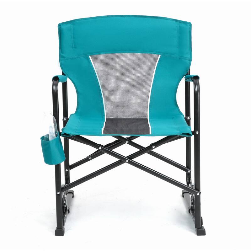 Outdoor Portable Folding Rocking Chair with Armrests and Drink Holder - Blue