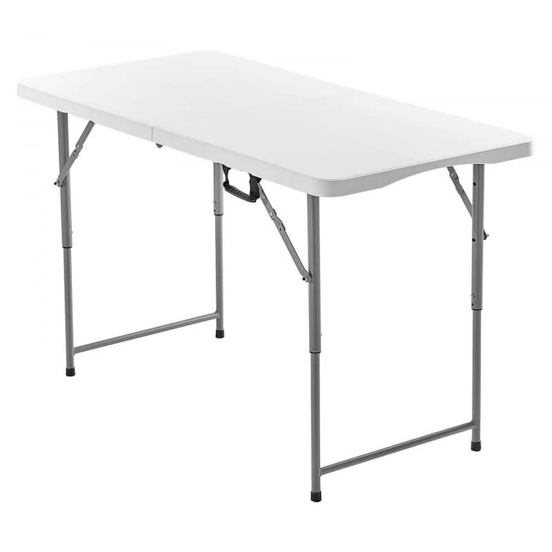 4ft White Portable Folding Camping Table with Adjustable Height for Picnic BBQ Party and Outdoor Use