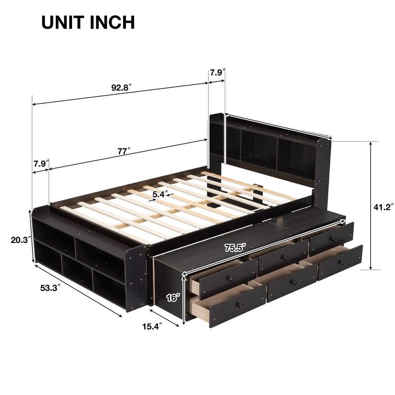 Full Bed with Bookcase Headboard, Under bed Storage Drawers and Bed End Storage Case for Small Space, Living Room, Apartment