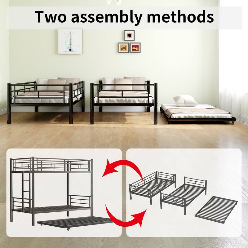 Heavy-duty Sturdy Meta Twin over Twin Bunk Bed, Noise Reduced,Safety Guardrail,No Box Spring Needed