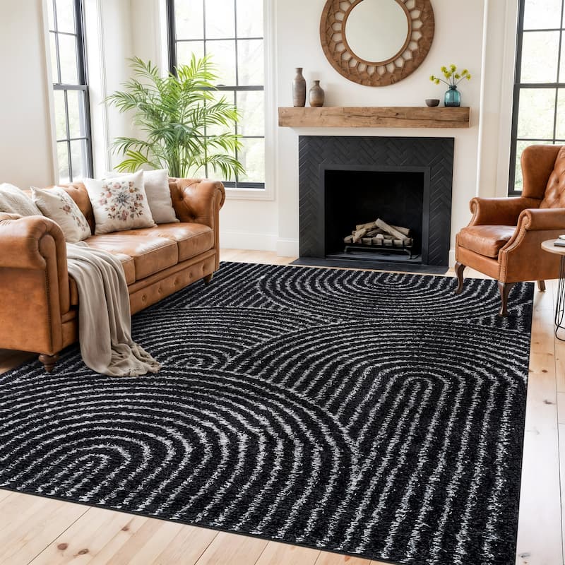Circles Arch Shag Rug - Durable & Soft for High-Traffic Areas - Anthracite Dark Gray - Kid Friendly - 7' 10" x 10'
