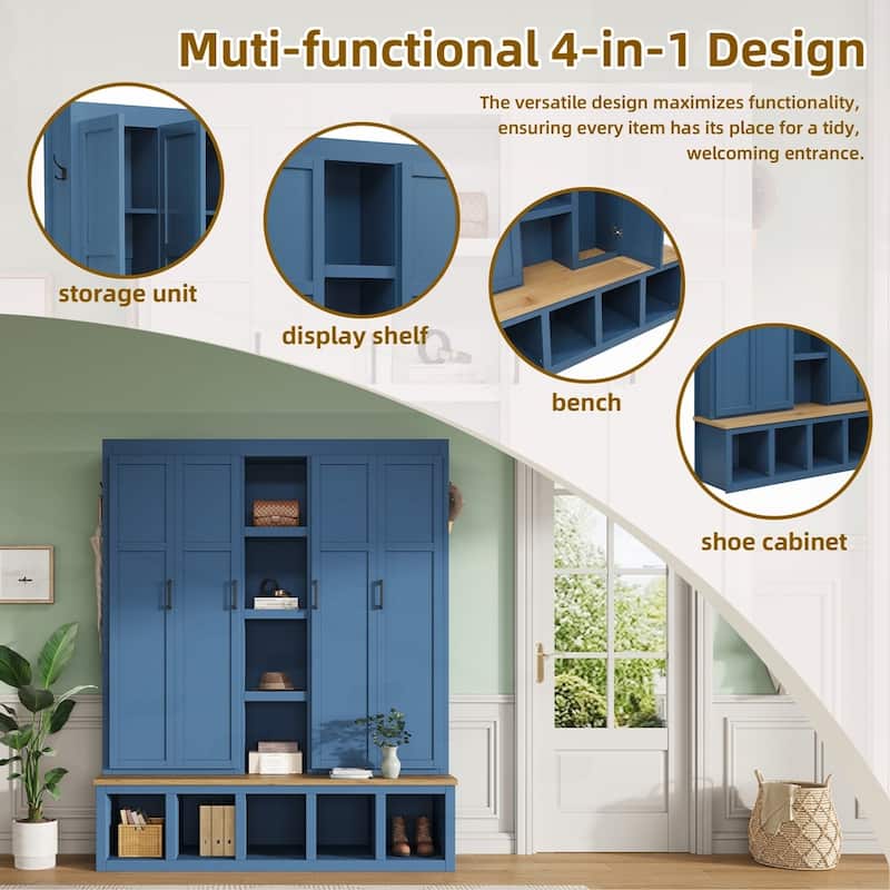 Farmhouse 4-in-1 Hall Tree with 6 Hanging Hooks, Mudroom Wood Grain Bench with Open Compartments