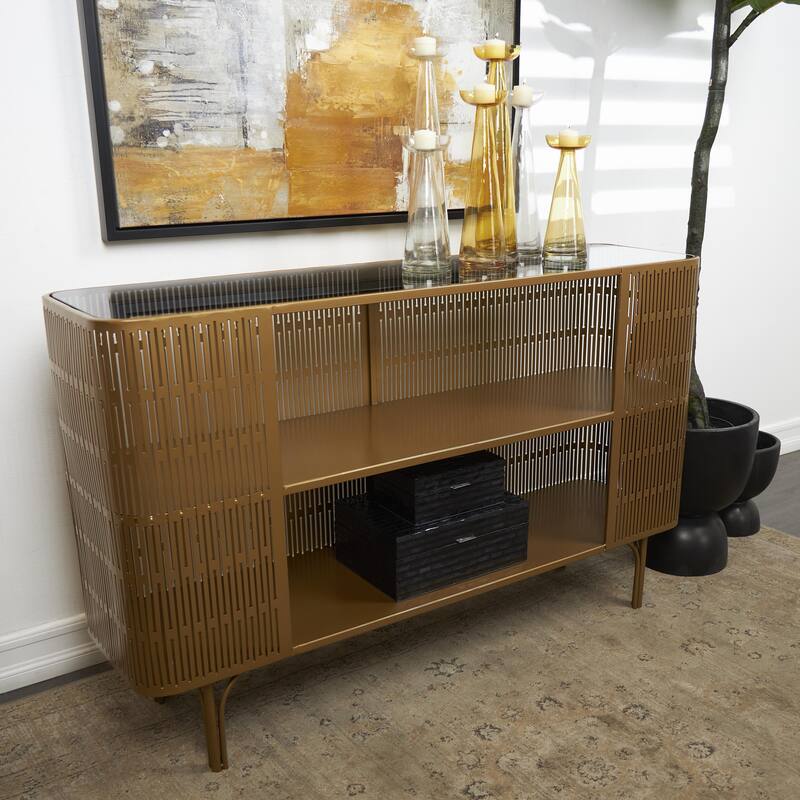 Metal Art Deco Inspired Console Table with Black Tempered Glass Top - Gold - Roche River Decor