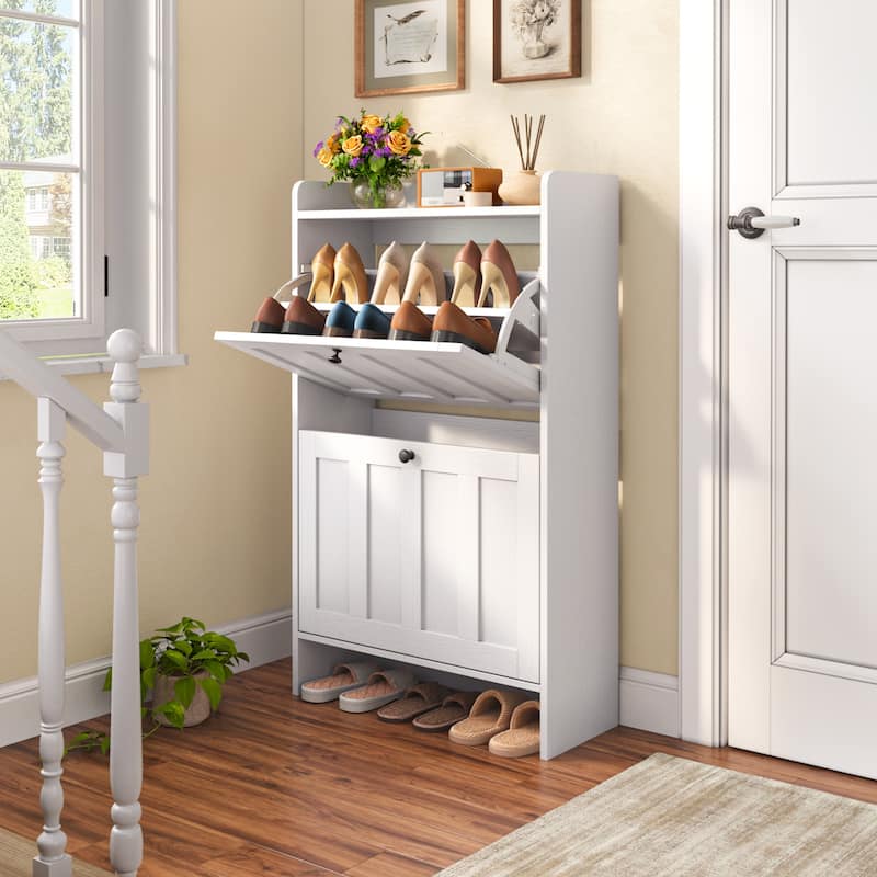 Shoe Cabinet with Flip Drawers, Slim Shoe Storage Cabinet for Entryway, Freestanding Narrow Rack with Open Storage