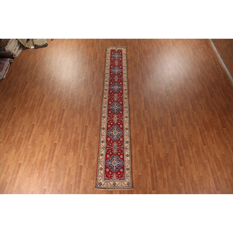 Kazak Runner Rug Hand-Knotted Traditional Red Wool Carpet - 2'5" x 15'11"