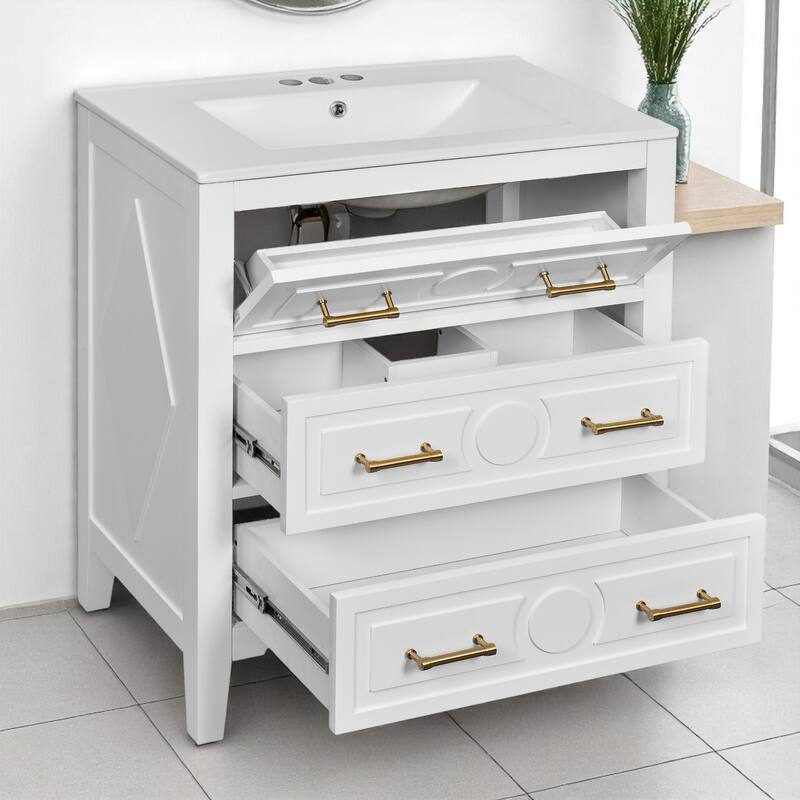 30" Bathroom Vanity with Ceramic Sink, 3 Drawers, Solid Wood Frame,Retro Cabinet, Pre-Drilled for 4" Faucet, Storage Organizer