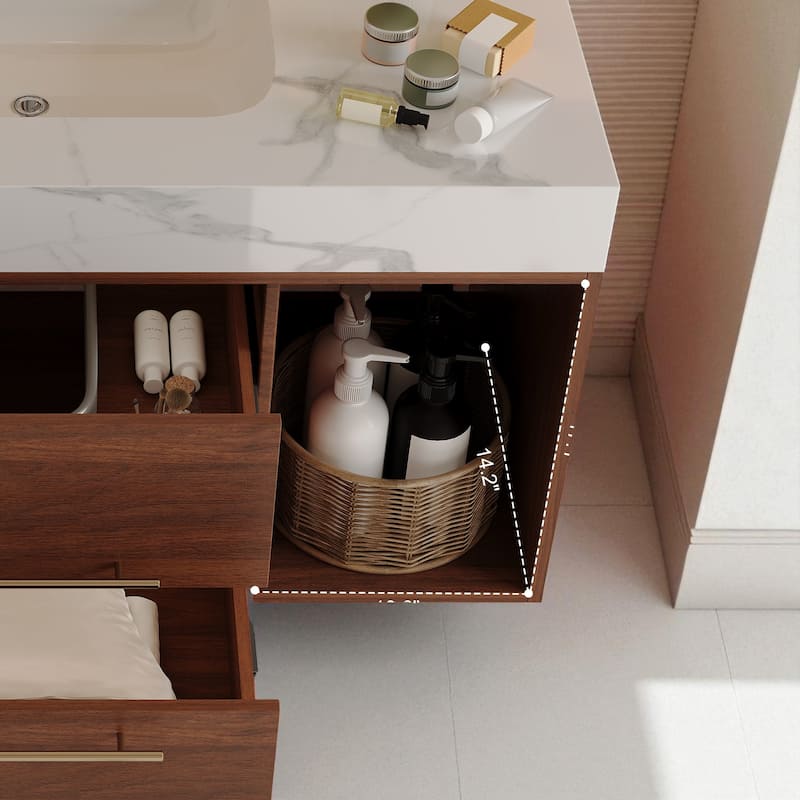 39.4" Floating Bathroom Vanity with Ceramic Sink White Sintered Stone Top Soft Close Drawers Wall Mounted