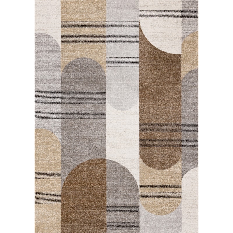 Brown Grey White Striped Arched Shapes Indoor Rug