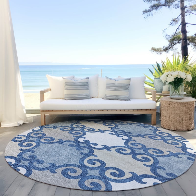Machine Washable Indoor/ Outdoor Chantille Scroll Rug - Navy - 8' x 8'