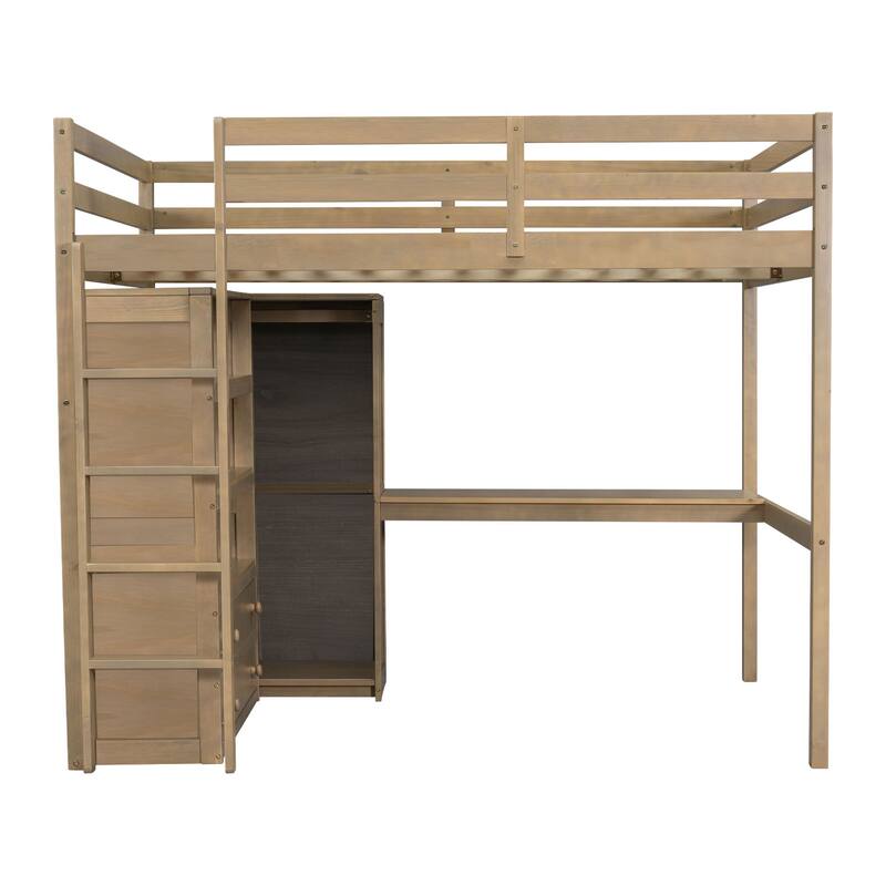 Full Size Pinewood Loft Bed with Built-in Study Desk and Wardrobe, Storage Shelves and 2 Drawers, Full-length Guardrails