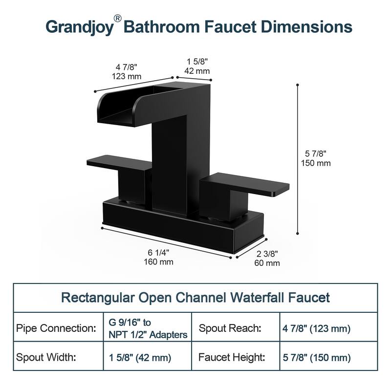 GRANDJOY Modern Dual Handle Centerset Waterfall Bathroom Faucet