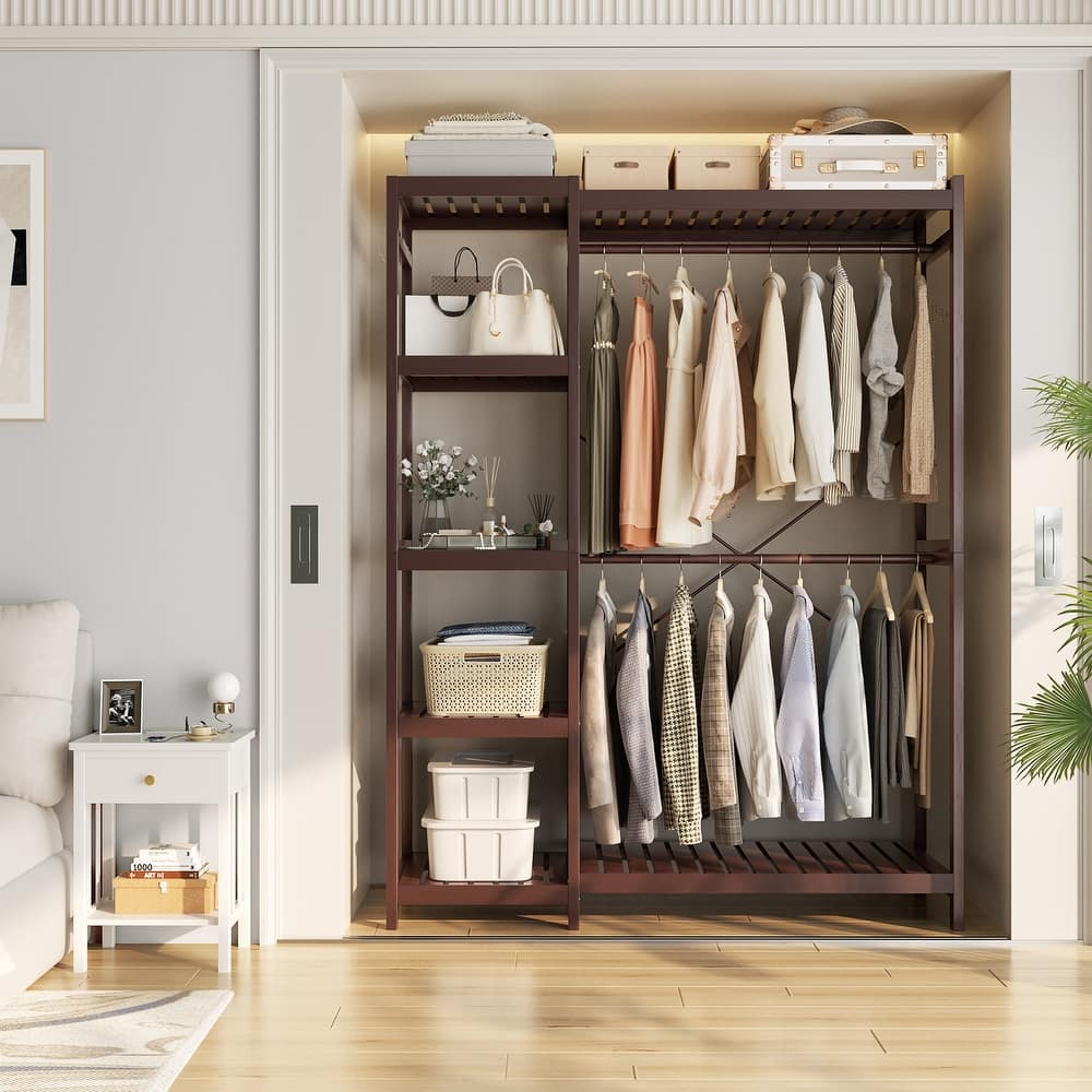 Bamboo Closet System Clothes Rack, Large Freestanding Garment Rack Clothing Rack for Hanging Clothes