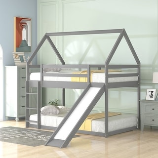 Twin Size House-Shaped Bunk Bed with Slide, Ladder, Full-Length Guardrails, and Sturdy Pine Wood Frame, Grey