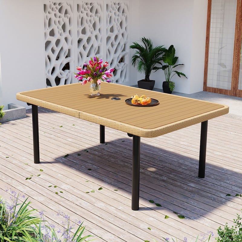 59" Outdoor Patio Dining Table, Polywood Tabletop with Umbrella Hole, Iron Legs, Rectangular Dining Table for Garden - Natural