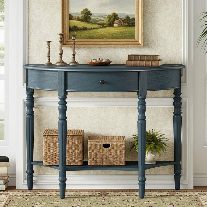 Half-Moon Farmhouse Console Table with Drawer & Shelf by Harper&Bright Designs - Navy