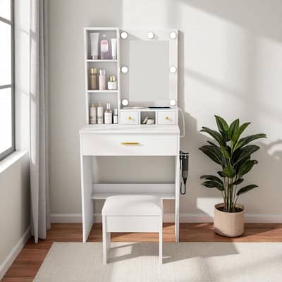 Small Vanity Desk with LED Mirror, Charging Station, Hairdryer Holder & Storage Drawers, Makeup Table with Stool