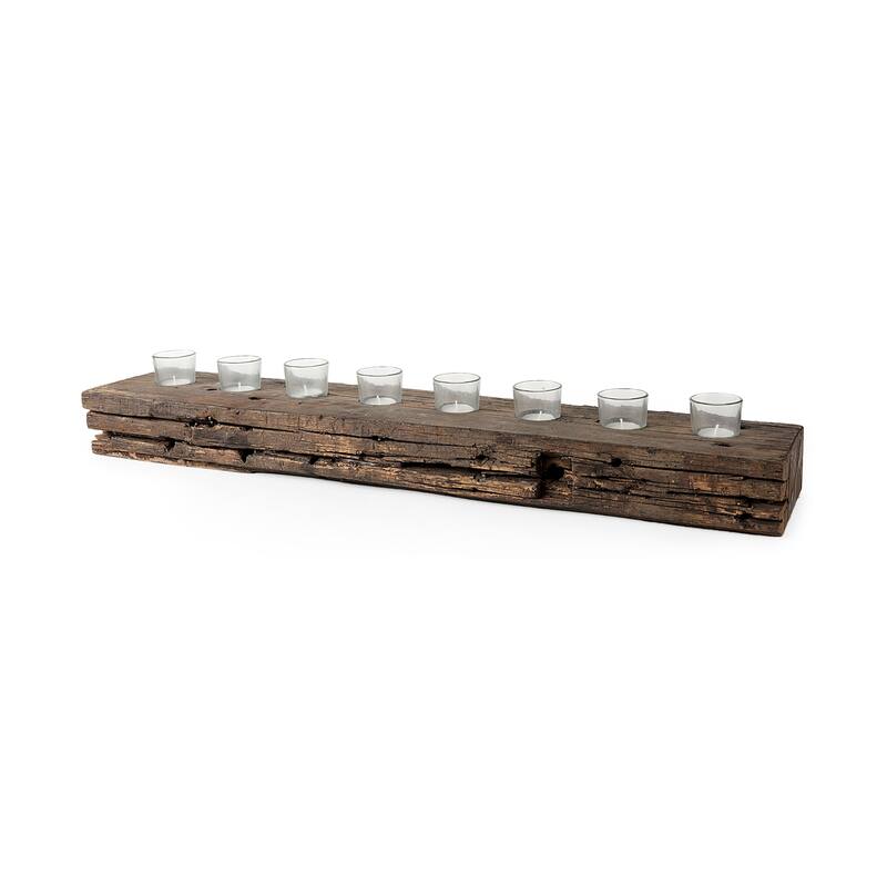 Lakara Brown Reclaimed Wood with 8 Glass Tealight Candle Holder - 36"W x 8"D x 3"H